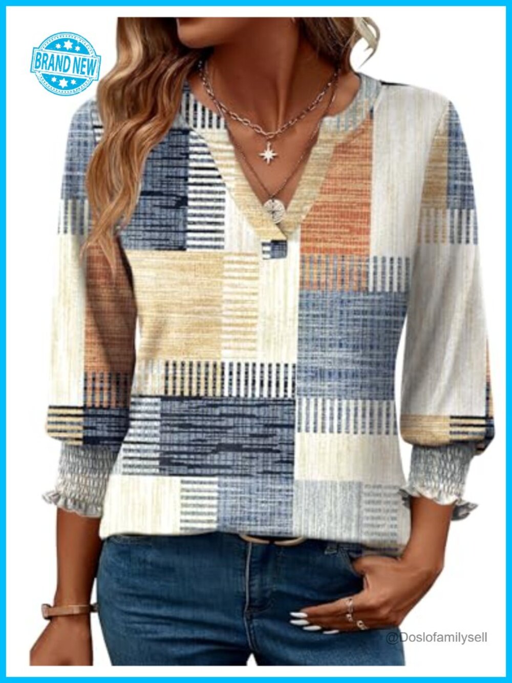 LOMON Women's 3/4 Sleeve V-Neck Ruffle Cuff Pullover Top Business Casual